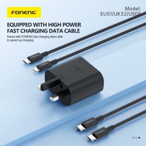 FONENG 25W GaN USB-C Wall Charger With Type-C Cable (UK32) - Black